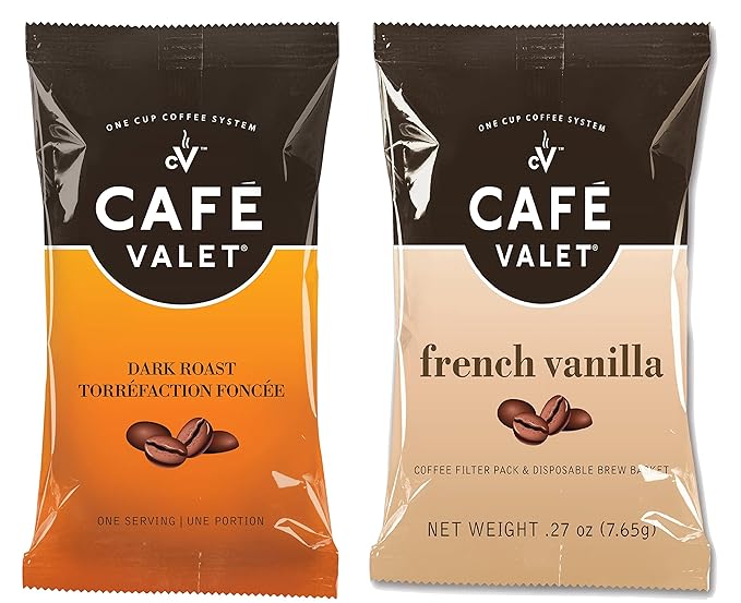 Cafe Valet Single Serve Individually Wrapped Coffee Packs Regular Dark Roast and French Vanilla 100% Arabica Coffee 168 Count