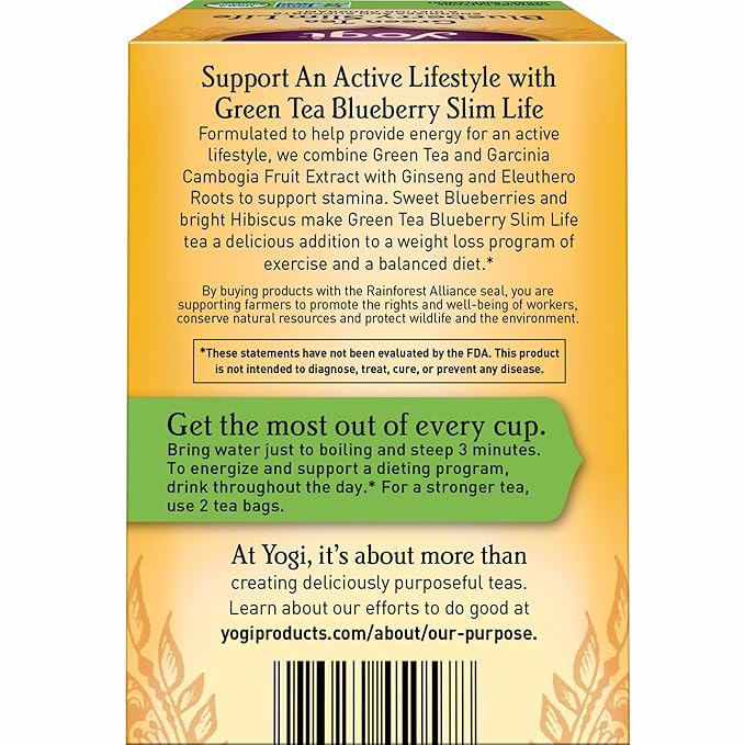 Yogi Tea Green Tea Blueberry Slim Life Tea - 16 Tea Bags per Pack (6 Packs) - Organic Tea to Support Stamina &amp Energy - Includes Green Tea Leaf Bilberry Leaf Hibiscus Flower Blueberries &amp M