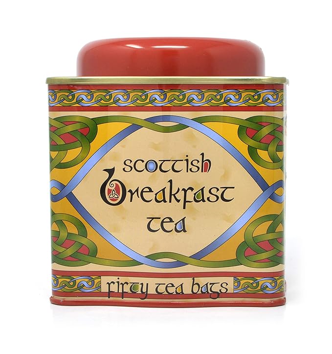 Royal Tara Scottish Breakfast Tea- Celtic Weave Metal Tin 50 Irish Tea Bags -Assam Ceylon and Africa Blend Gourmet
