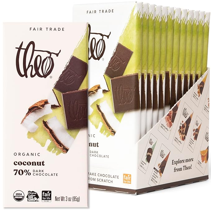 Theo Chocolate Coconut Organic Dark Chocolate Bar 70% Cacao 12 Pack | Vegan Fair Trade