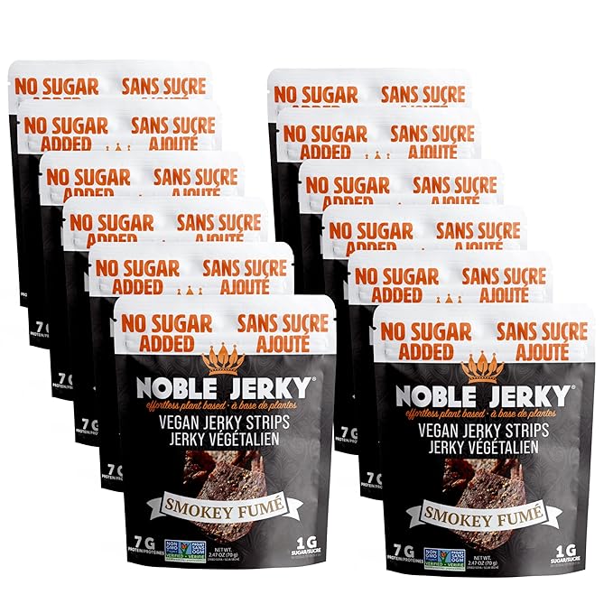 Noble Jerky - Keto Vegan Vegetarian Tender Plant Based Snack Smokey Strips Full Case 12 Bags (70 grams each)