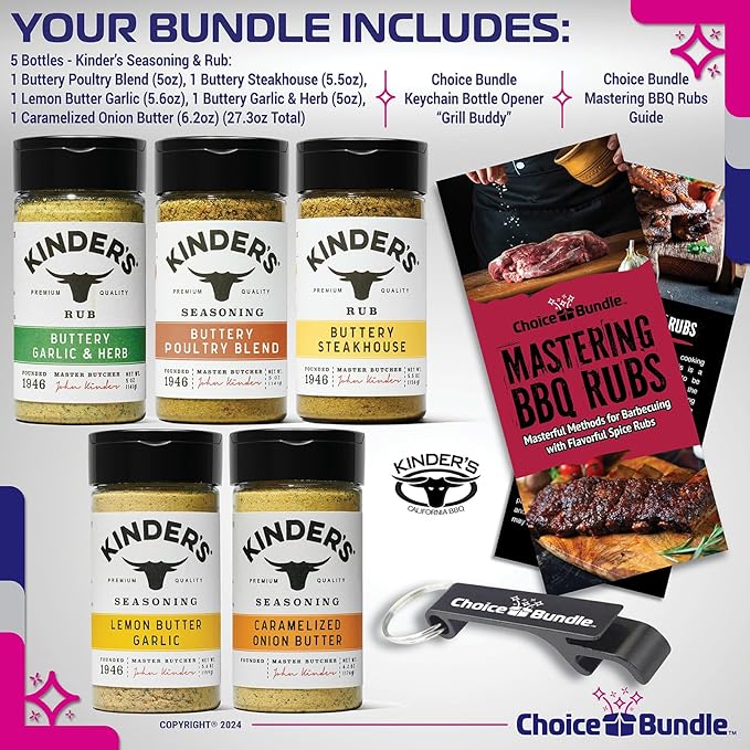 Kinders Buttery Garlic &amp Herb Buttery Poultry Buttery Steakhouse Lemon Butter Garlic Caramelized Onion Butter 5 pk Seasoning Rub Spice Set (27.3 oz) + BBQ Masters &amp Opener (7 Items)!