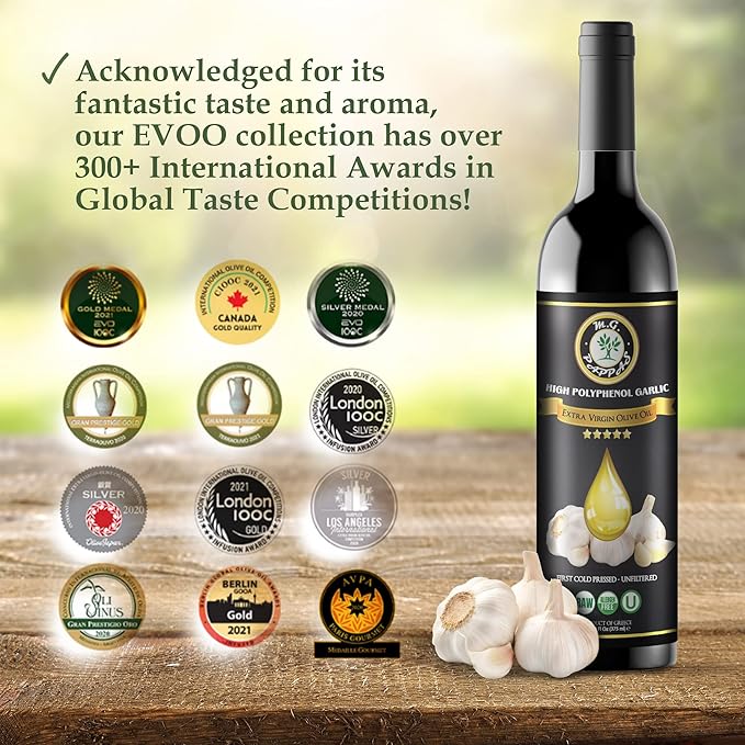 M.G. PAPPAS High Polyphenol Rich Garlic Infused Olive Oil - Extra Virgin Olive Oil - Over 500mg/kg - Cold Pressed &amp Unfiltered - High Hydroxytyrosol Greek Olive Oil - Award Winning