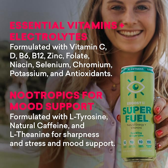 EBOOST SUPER FUEL Healthy Energy Drink - Strawberry Lemonade: 12 Healthy Energy Drinks - Focus &amp Productivity - 110 mg Caffeine + Nootropics &amp Electrolytes - No Sucralose Taurine Artificial