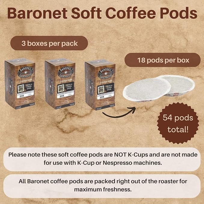 Baronet Coffee Pods [Vanilla Fudge Swirl-54 Pods] Flavored Single Cup Use Like Senseo Coffee Pods [3 Boxes of 18 Single Serve 10 Gram Pads] Regular Strength Soft Coffee Pods Medium Roast [Van Fudge]