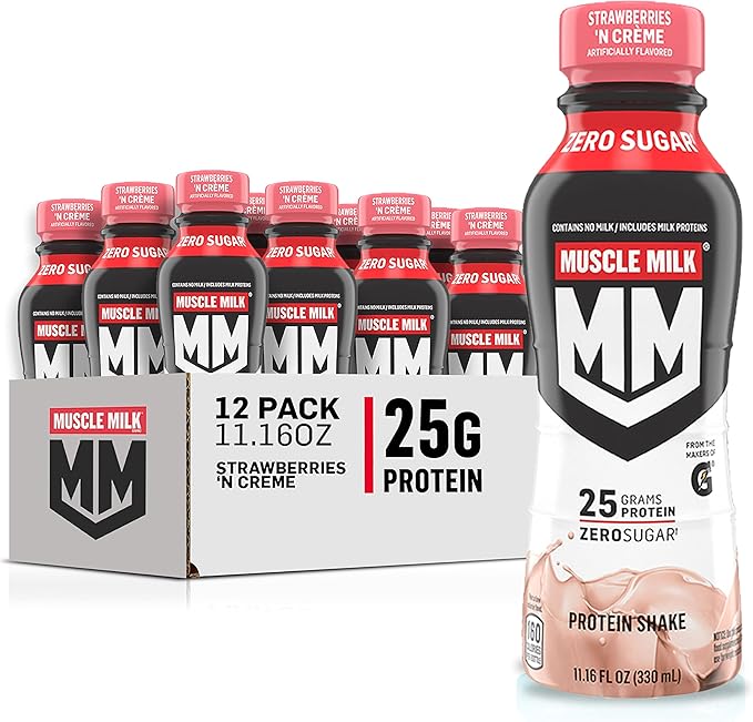 Muscle Milk Genuine Shake Strawberry 11.16 Fl Oz Bottles (12 Pack) &amp Optimum Nutrition Protein Shake Chocolate 24g Protein 11 Fl Oz (12 Count)