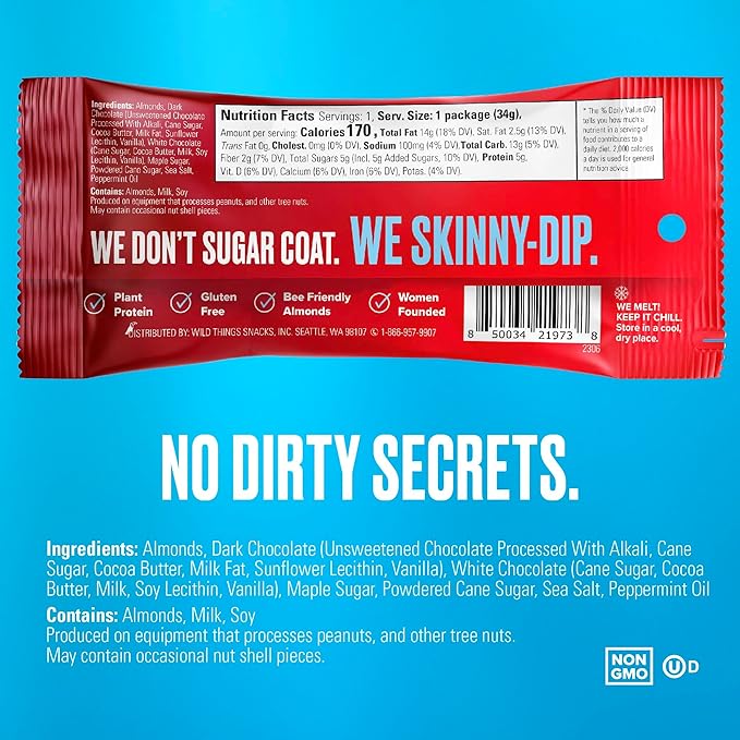 SkinnyDipped Dark Chocolate Peppermint Covered Almonds Healthy Snack Plant Protein Gluten Free 1.2 Ounce (Pack of 15)