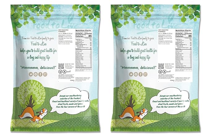 Food to Live Dry Roasted California Almonds 9 Pounds Oven Roasted Whole Nuts Unsalted No Oil Added Vegan Kosher Bulk. Good Source of Protein and Vitamin E. Great Keto-Friendly Snack