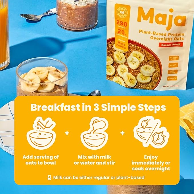 Maja Organic Plant-Based Protein Banana Bread Overnight Oats 13 oz Multi-Serve (2-Pack) | 20g Protein Vegan Gluten-Free Instant Oatmeal | Quick &amp Filling Breakfast with Clean Ingredients