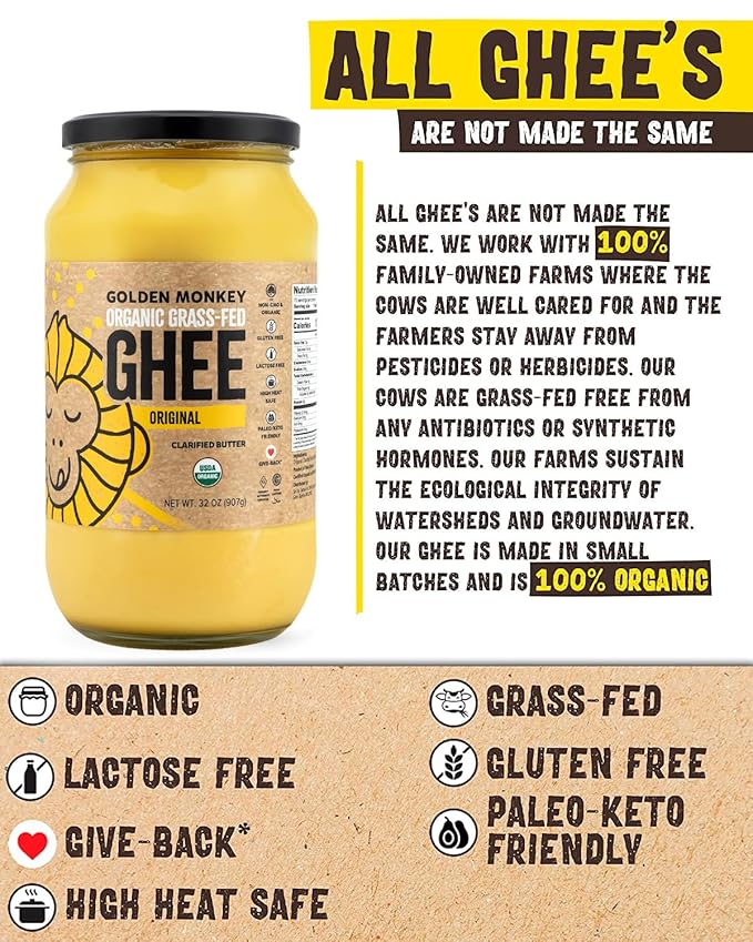 GOLDEN MONKEY Organic Ghee Butter – Grass Fed Clarified Butter for Cooking Baking Keto &amp Gut Health – Ghee Butter Organic Grass Fed from Small Farms – Smooth Spread with High Smoke Point (32oz)