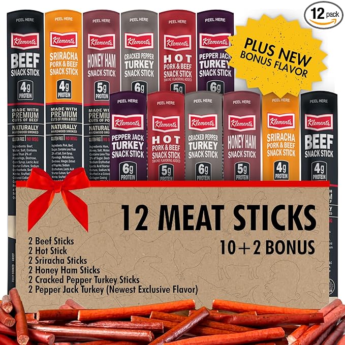 Jerky.com 12-Pack Meat Stick Variety Pack - Includes Bonus Pepper Jack Turkey Sticks - Bold Meat &amp Snack Sticks Sampler | High Protein Low Carb Keto Friendly | Turkey Ham Pork Beef Jerky Gift