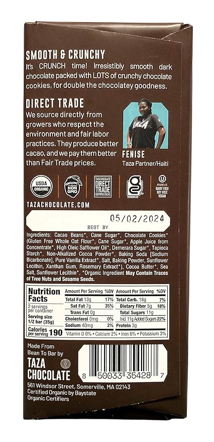 Taza Chocolate Organic Smooth &amp Crunchy Bars 70% Stone Ground Chocolate Cookie Crunch 2.5 Ounces (10 Count) Vegan