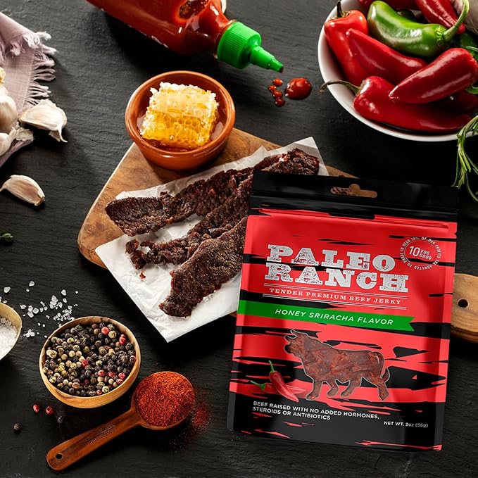 PALEO RANCH Uncured Bacon Jerky Honey Sriracha No Added Hormones No Preservatives 1.5-oz. Pouches (Pack of 8)