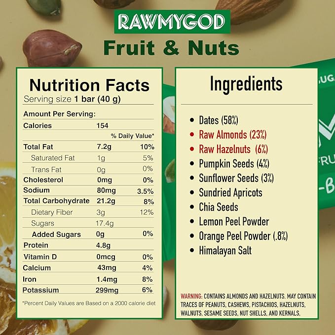 RAWMYGOD Fruit and Nut Bars Gluten Free Vegan No Added Sugar (16 bars Protein Pack - 4 Orange &amp Hazelnut 4 Fruit &amp Nut 4 Chia &amp Choco 4 Peanut &amp Cacao)