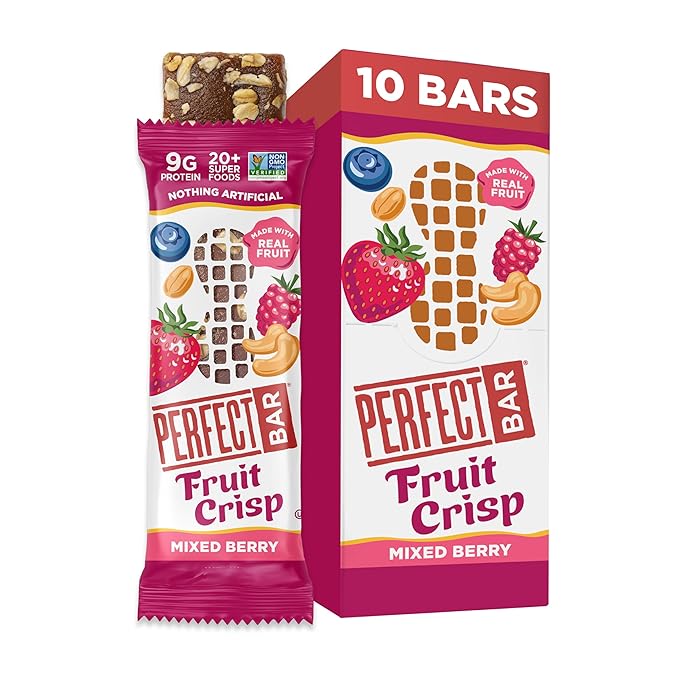 Perfect Bar Protein Bars Fruit Crisp Mixed Berry Nut Butter Gluten Free Made with Organic Honey Peanut Butter Cookie Dough Texture Refrigerated 1.9 Oz Bars 10 Count