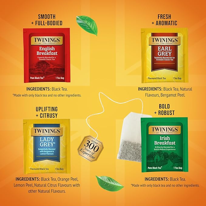 Twinings Variety Pack Black Tea Bags 20 Count (Pack of 4) Includes English Breakfast Earl Grey Irish Breakfast and Lady Grey Caffeinated Enjoy Hot or Iced 80 Teabags
