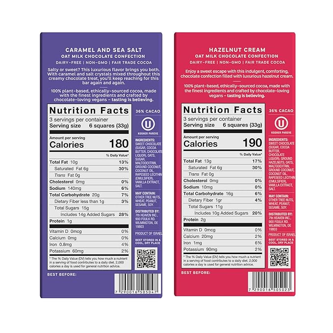 7th Heaven Vegan Oat Milk Chocolate Bar Variety Pack Classic Chocolate Sea Salt Caramel Cookies &amp Cream Hazelnut Crunch &amp Peanut Butter Cream (3.5oz Full Size Candy Bars - 5 Packs) - Perf