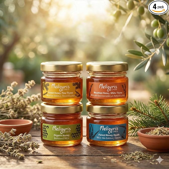 Meligyris Greek Honey Gift Set 4 Varieties Pack with Mountain Honey Pine Thyme Forest Honey Heath Organic Honey