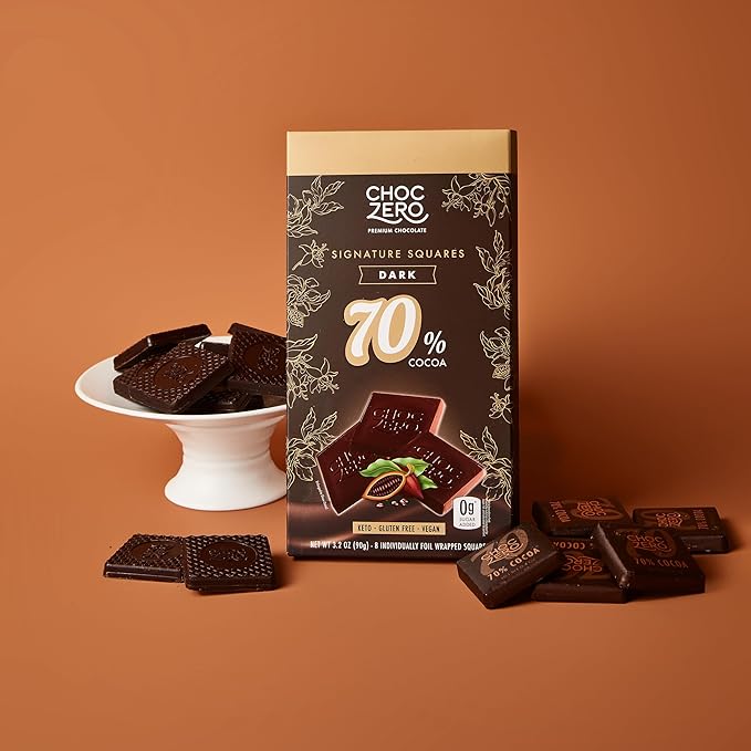 ChocZero 70% Cocoa Dark Chocolate Squares Sugar Free Vegan Low Carb High Fiber Keto Friendly No Sugar Alcohols (4 Count 3.2oz Boxes)