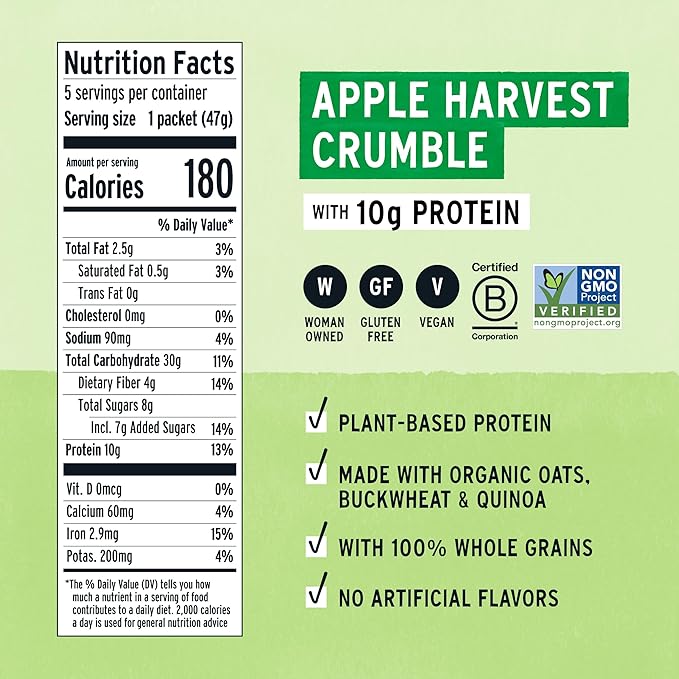 Purely Elizabeth Creamy &amp Hearty Protein Instant Oatmeal Apple Harvest Crumble Vegan Friendly Organic Gluten Free &amp Non-GMO 5 Count 8.3 Ounce (Pack of 6)