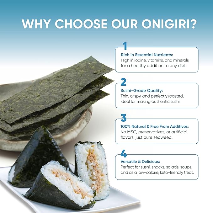 RSD – Onigiri Seaweed Sheets – 100 Individually Wrapped Sheets – Premium Roasted Nori for Sushi Onigiri Gimbap &amp More – Organic Crispy &amp Fresh