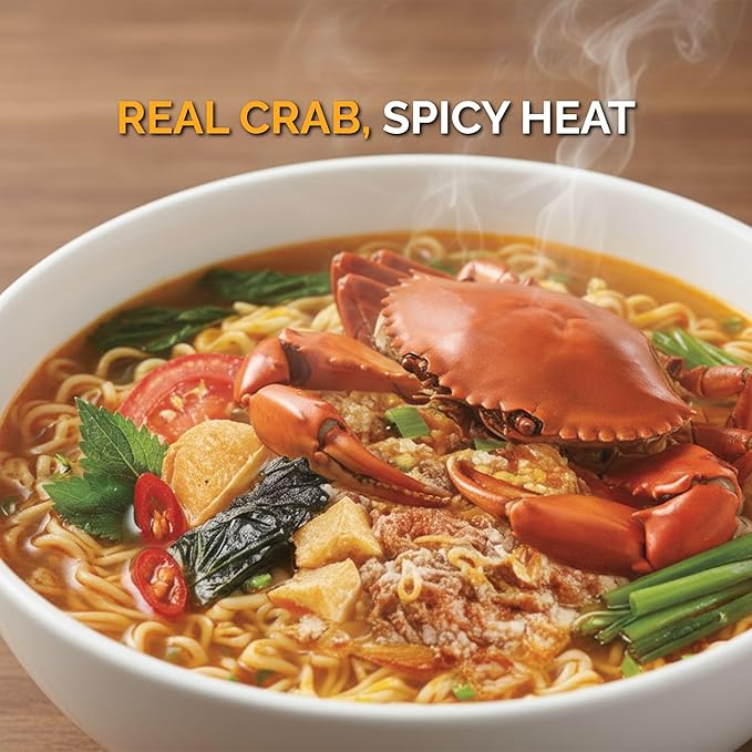 VIFON Hoàng Gia Spicy Crab Hotpot Instant Noodles 18-Pack (4.4 oz / 130 g each) | Vietnamese-Style Mì Lẩu Cua Cay | With Real Crab Extract | Rich and Spicy Seafood Soup | Ready in 3 Minutes