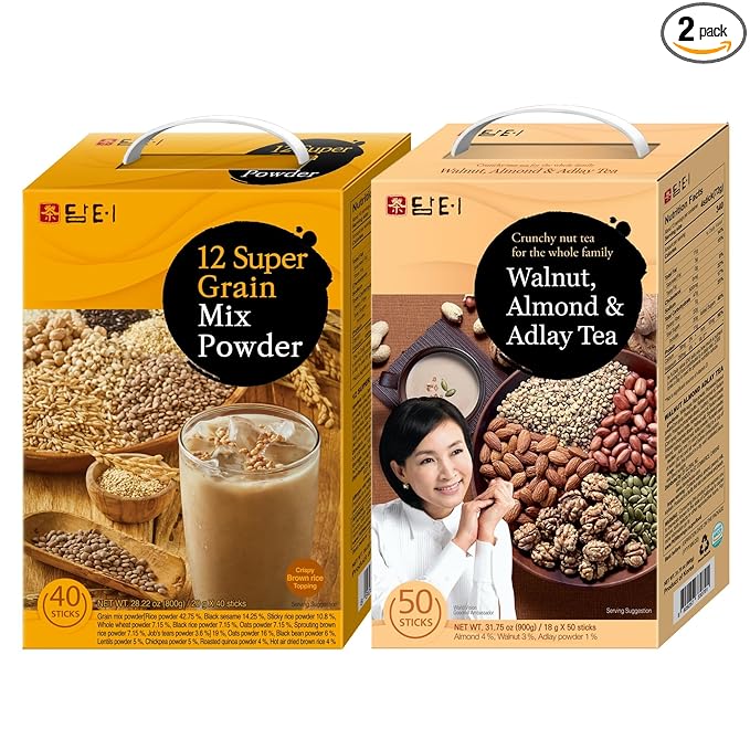 Damtuh Korean Grain Drink Mix Bundle – Walnut Almond Adlay Tea Powder (Job’s Tears/Yulmu) + 12-Grain Misugaru Multigrain Powder Latte-Style Drink Caffeine-Free 18g x 50 / 20g x 40 Stick Packs