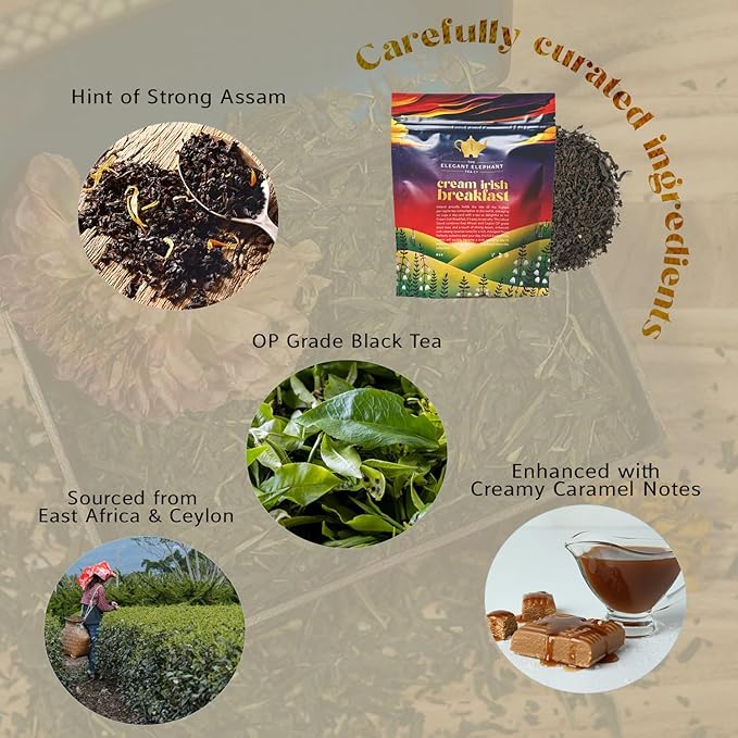 Cream Irish Breakfast Tea Loose Leaf Black Tea – Irish Classic with Caramel &amp Strong Assam – Robust Full-Bodied – Drink Hot or Iced – 4 oz Resealable Bag (Makes 50 Cups) – The Elegant Elephant
