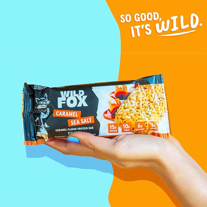 Wild Fox Protein Bars - Keto-Certified High Protein Snack with No Refined Sugar Great Taste 15g Protein and No Seed Oils Caramel Sea Salt
