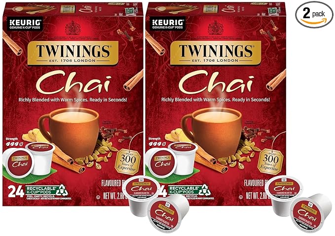 Twinings Chai Black Tea K-Cup Pods for Keurig 24 Count (Pack of 2) Naturally Sweet and Savoury Spice Flavors Caffeinated Enjoy Hot or Iced