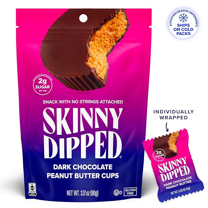 SkinnyDipped Dark Chocolate Peanut Butter Cups 2g Sugar per Cup Keto Friendly Low Carb Gluten Free 3.2oz 4 Pack (24 Cups Total)