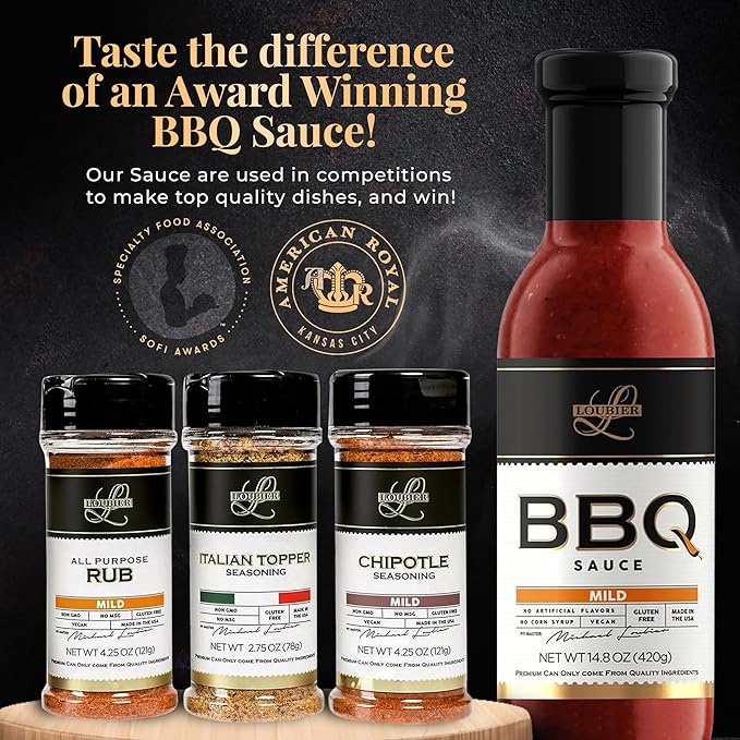 Loubier BBQ Sauce &amp Dry Rub Sampler Gift Box- Top-tier Barbecue Sauce Duo w/Italian Topper &amp Chipotle Seasoning Natural &amp Organic Unique Flavors for Meat &amp Veggies Gluten-Free Made