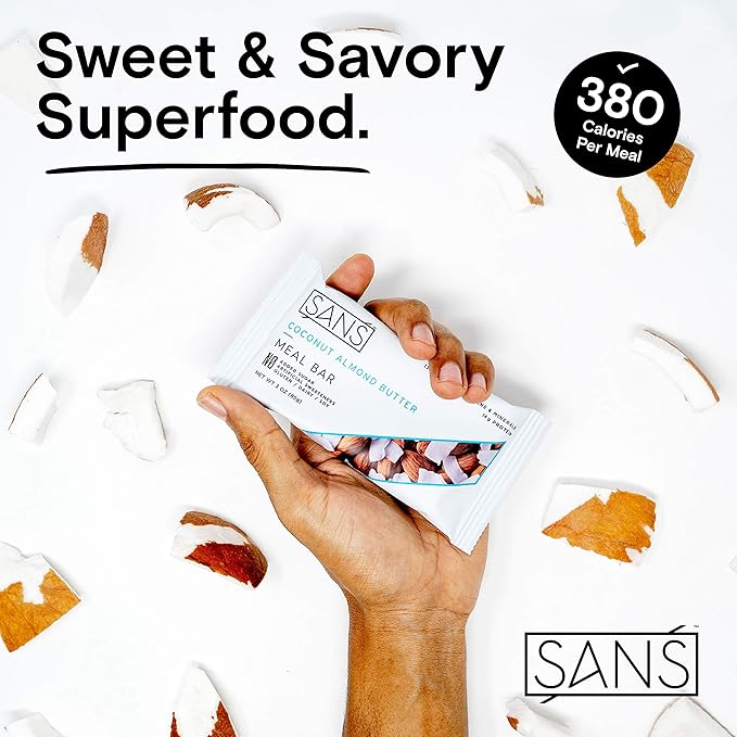 SANS Meal Replacement Protein Bar Gluten Free Healthy High Protein Snacks High Fiber No Sugar Added Dairy Free Soy Free Coconut Almond Butter 12 Bars