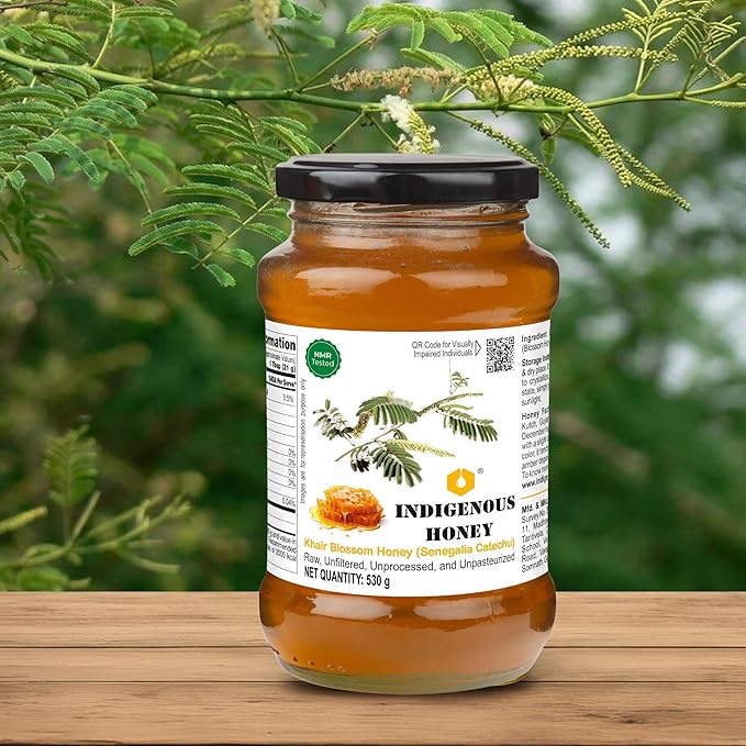 INDIGENOUS HONEY Khair Honey Raw Organic Natural Pure Unprocessed NMR Tested Unpasteurized Unheated 530g Glass Jar Pack of 1