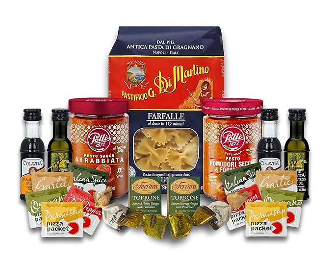 Imported Italian Dinner for Two Meal Kit - Sun-Dried Tomato Pesto Spicy Arrabbiata Pesto Pasta Seasonings and Sweets Gift Box