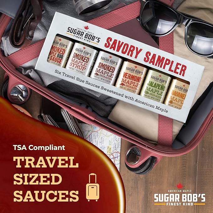 Sugar Bob's Finest Kind - Savory Maple Pantry 6 Flavor Variety Pack - Smoked Maple Syrup BBQ Sauce Maple Sriracha Hot Sauces &amp More - 2 oz Size