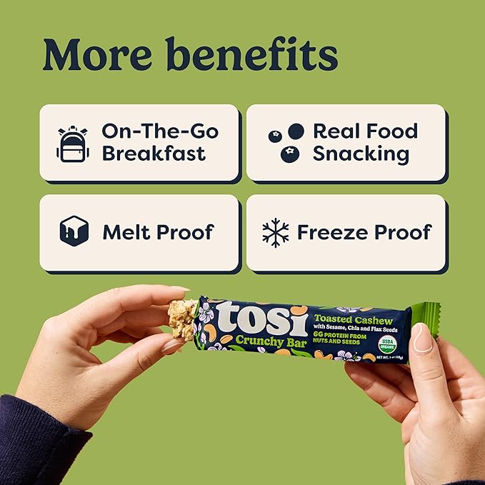 Tosi Nut Bars Cashew Healthy Snacks for Adults &amp Kids Plant Based Crunchy Bars (6G Protein) Organic Keto Snacks Vegan Gluten &amp Soy Free Low Sugar Omega 3s 1oz 12-Pack