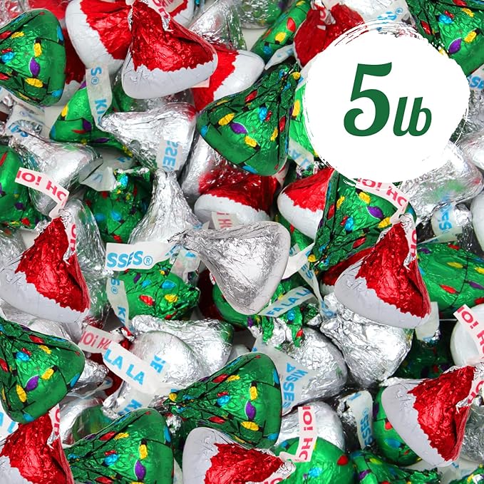 Kisses Christmas Mix 5LB – Santa Hat &amp Christmas Tree Chocolate Kisses Individually Wrapped Holiday Candy in Red Green &amp Silver Foil – Bulk Treats for Christmas Parties &amp Stocking Stuffe