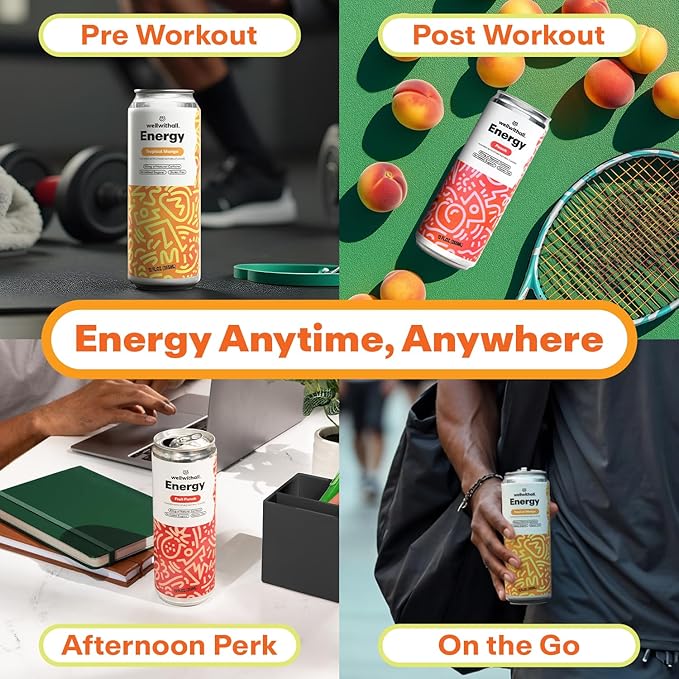 WellWithAll Tropical Mango Energy Drink – Caffeine from Tea – With Vitamin C – Lightly Sparkling Beverage – Fruit &amp Veggie Juice Blend – 12 Oz (Pack of 12)