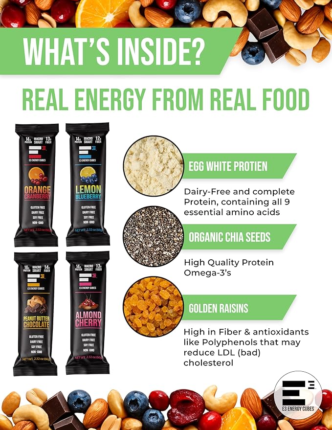 E3 Energy Cubes- Original Variety Pack - 3 of Each Original Flavor- Refrigerated Protein Bars | Healthy Snack Bars Gluten Free Dairy Free Soy Free | Made in USA Pack of 12