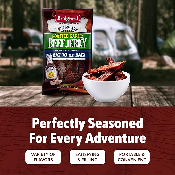Bridgford Sweet Baby Ray's Beef Jerky Roasted Garlic 10 oz Pack of 6 - Healthy High Protein Beef Jerky for Your Dietary Preferences - Ready-to-Eat Snacks for On-The-Go Snacking and Busy Lifestyles