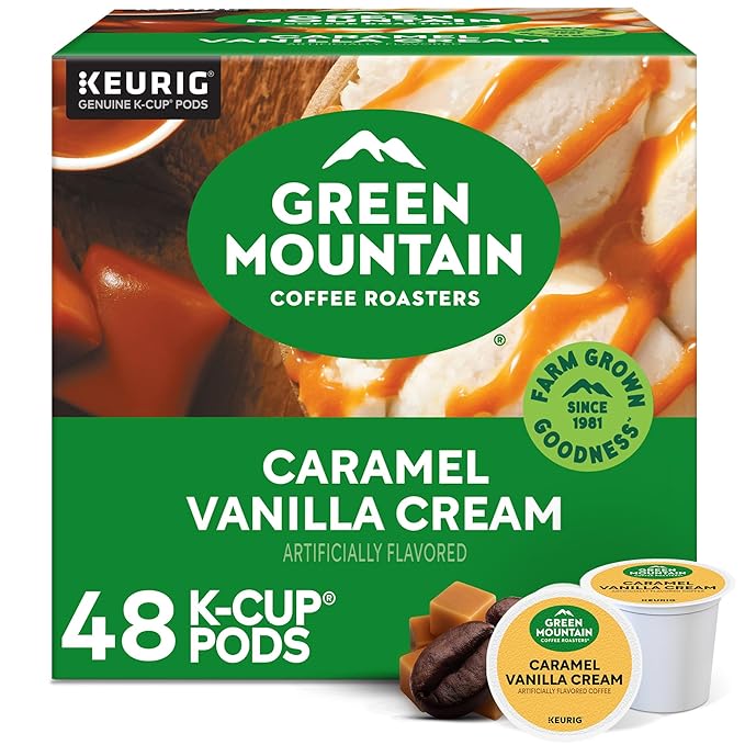 Green Mountain Coffee Roasters Caramel Vanilla Cream Single-Serve Keurig K-Cup Pods Flavored Light Roast Coffee Pods 48 Count