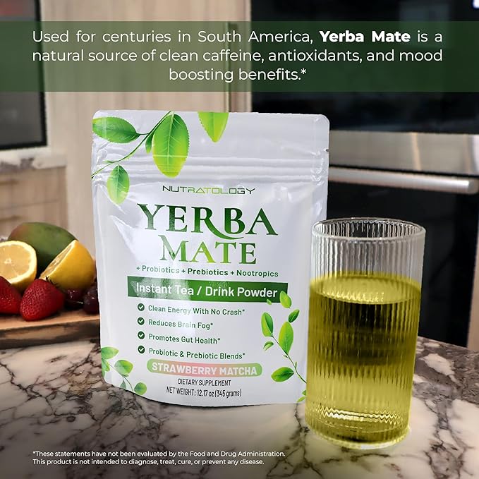 Yerba Mate Instant Tea Powder - 3-In-1 Super Drink - Clean Energy - Formulated With Nootropics To Boost Focus &amp Clarity - With Prebiotics &amp Probiotics To Boost Gut Health | Strawberry Matcha -