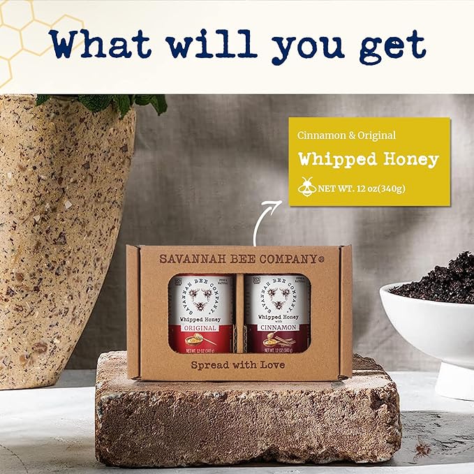 Whipped Honey Gift Set by Savannah Bee - Creamy Smooth Spreadable and absolutely Delicious - 100% Natural and Pure Honey - 12 Oz (Original &amp Cinnamon)