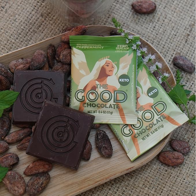 The Good Chocolate - Keto Mint Chocolate Squares Zero Sugar Lower Net Carb Snack Lower Calorie Vegan Chocolate Candy 24 Square Family Packs