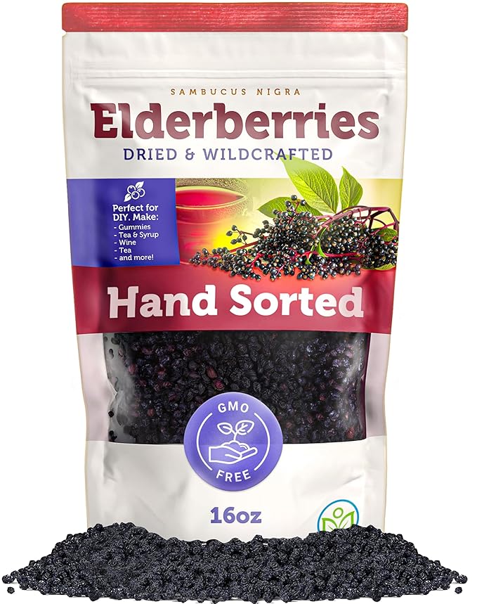 Dried Elderberries - 1lb Bulk - Hand-Sorted Wildcrafted Natural Non-GMO Whole European Immune System Support for Black Elderberry Syrup Gummies Jelly Tea Wine Raw Sambucus One Pound
