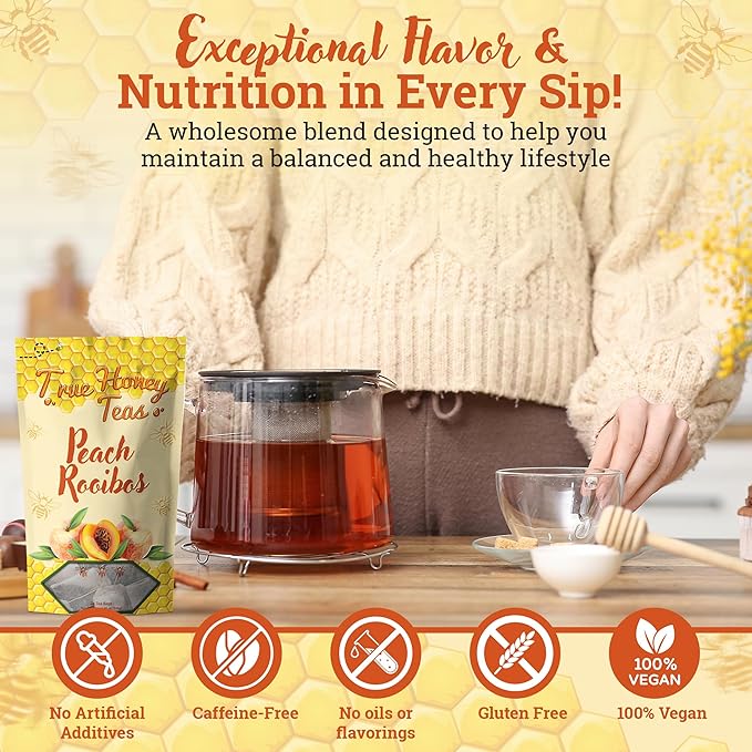 True Honey Teas Peach Rooibos Tea Bags - All Natural Organic Rooibos with Dried Peach Juice - Herbal Caffeine-Free Blended with Honey Crystals - 24 Count