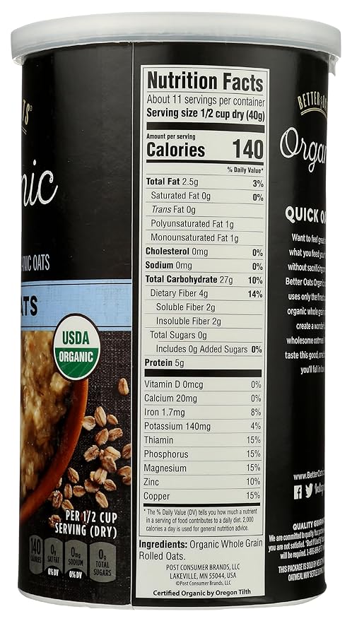 Better Oats Organic Raw Pure &amp Simple Quick Oats Non GMO 16 Ounces (Pack Of 12)