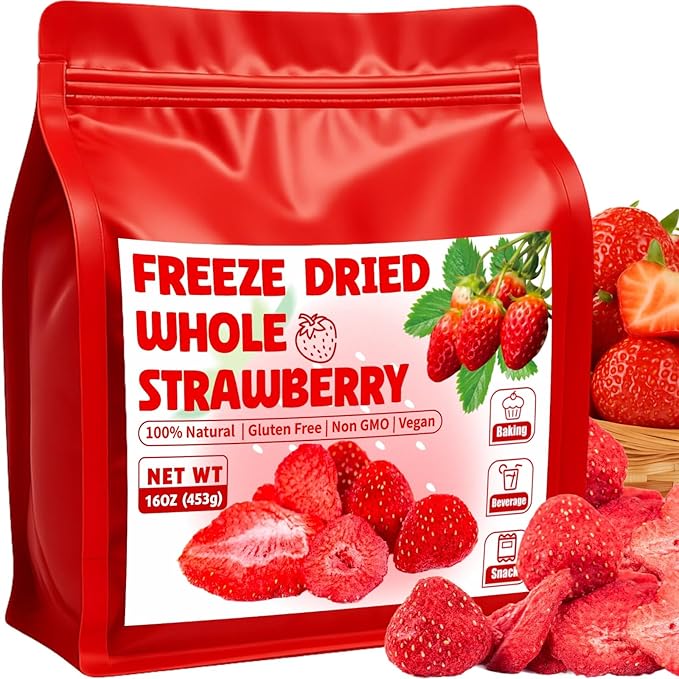 16oz Freeze Dried Whole Strawberries - Lightly Sweetened Crunchy Fruit for Yogurt Baking Oatmeal &amp Dessert Bulk Natural Dried Strawberries with Sugar for Kids Travel Snacking