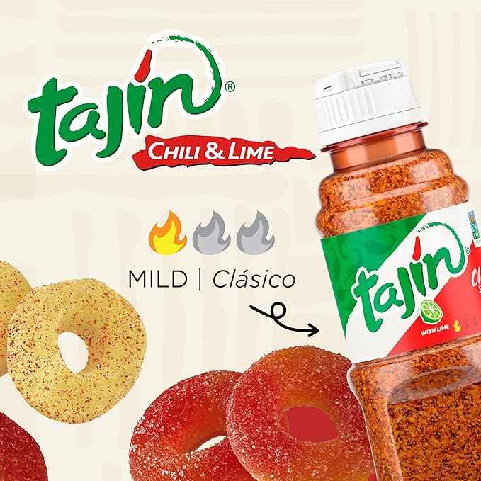 Snak Club Tajin Gummy Candy Fruit Rings Gummies with Chili and Lime Seasoning Mild Spice Gluten-Free and Vegan Snacks Assorted Variety Mango Pineapple Peach Watermelon Snack Size 12 Pack